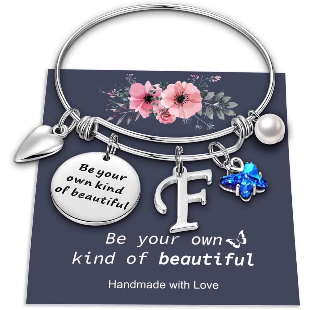 imageYoosteel Butterfly Initial Bracelets for Teen Girls Women Gifts Initial Charm Be Your Own Kind of Beautiful Inspirational Expandable Bangle Bracelets Gifts for Girls Women Jewelry GiftsFSilver