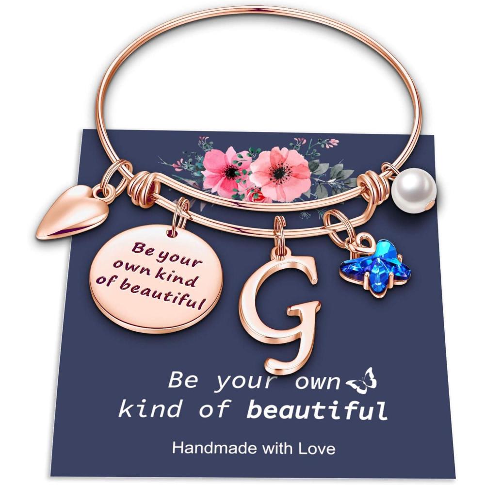 imageYoosteel Butterfly Initial Bracelets for Teen Girls Women Gifts Initial Charm Be Your Own Kind of Beautiful Inspirational Expandable Bangle Bracelets Gifts for Girls Women Jewelry GiftsGRose Gold