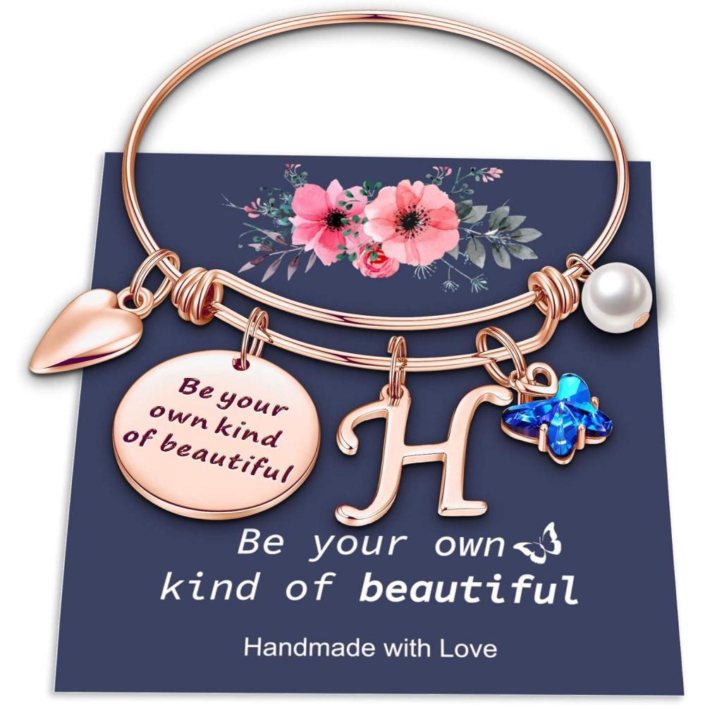 imageYoosteel Butterfly Initial Bracelets for Teen Girls Women Gifts Initial Charm Be Your Own Kind of Beautiful Inspirational Expandable Bangle Bracelets Gifts for Girls Women Jewelry GiftsHRose Gold