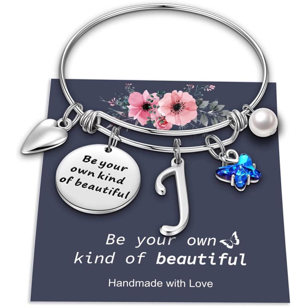 imageYoosteel Butterfly Initial Bracelets for Teen Girls Women Gifts Initial Charm Be Your Own Kind of Beautiful Inspirational Expandable Bangle Bracelets Gifts for Girls Women Jewelry GiftsJSilver