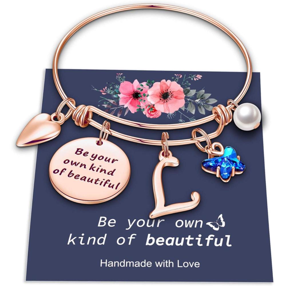 imageYoosteel Butterfly Initial Bracelets for Teen Girls Women Gifts Initial Charm Be Your Own Kind of Beautiful Inspirational Expandable Bangle Bracelets Gifts for Girls Women Jewelry GiftsLRose Gold