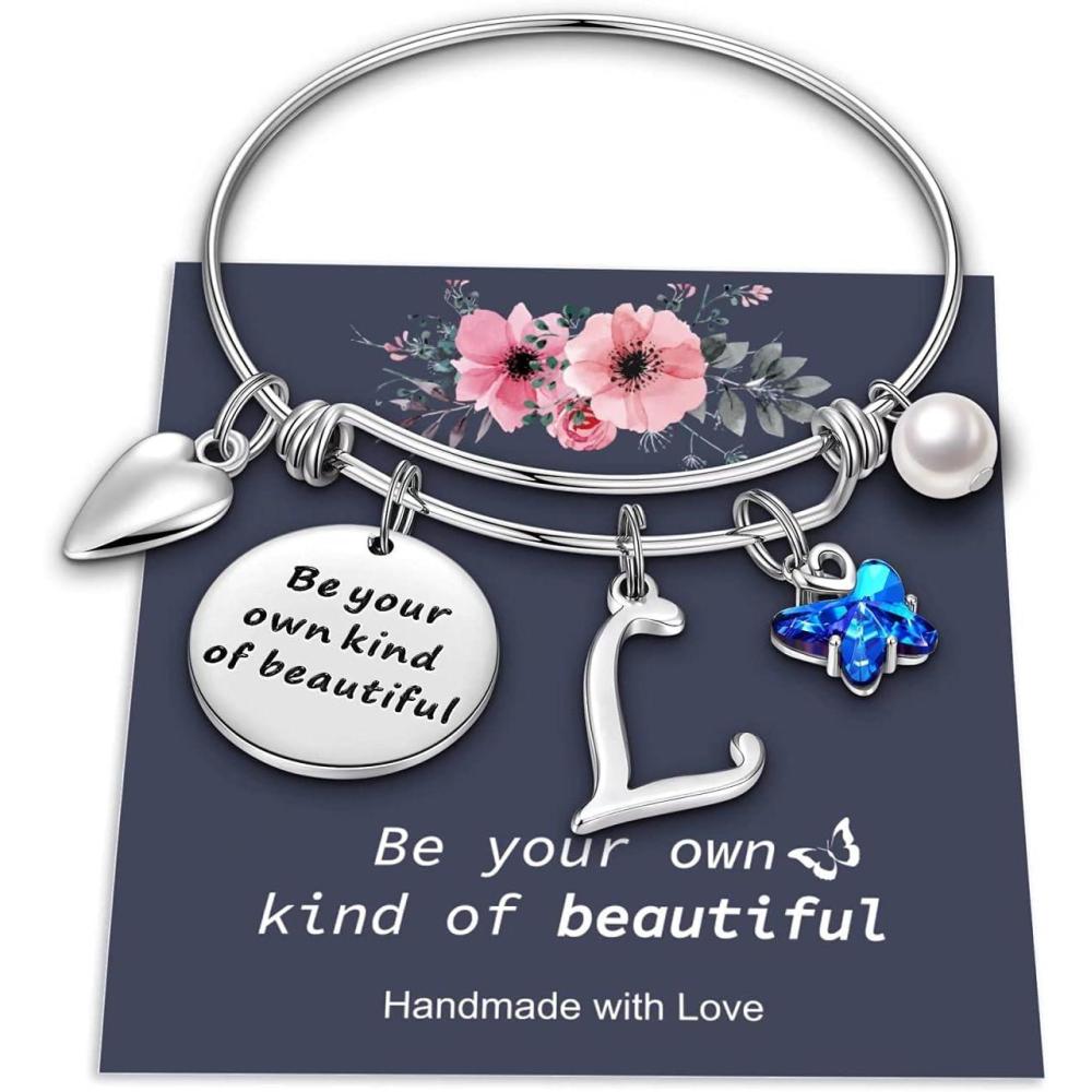 imageYoosteel Butterfly Initial Bracelets for Teen Girls Women Gifts Initial Charm Be Your Own Kind of Beautiful Inspirational Expandable Bangle Bracelets Gifts for Girls Women Jewelry GiftsLSilver