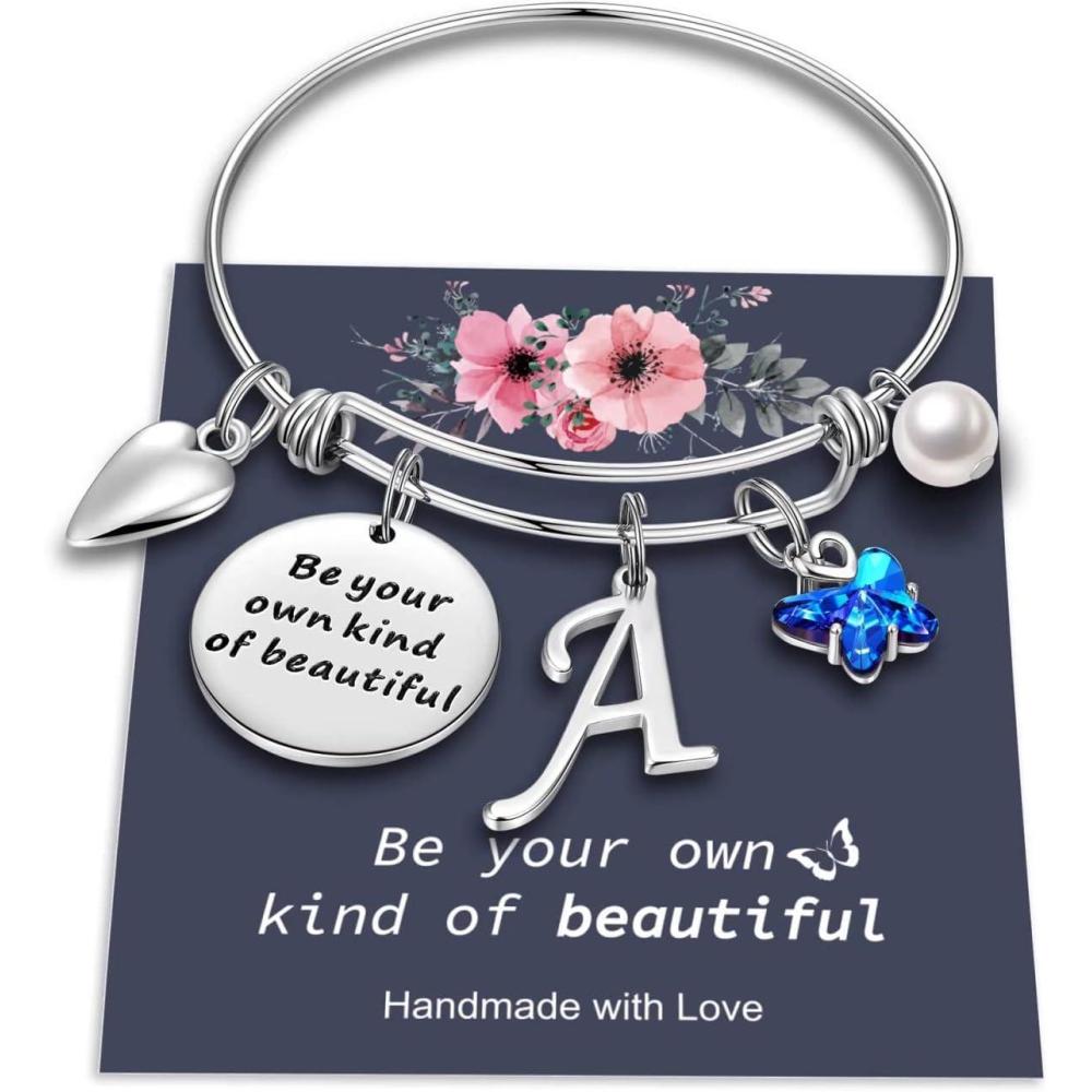 imageYoosteel Butterfly Initial Bracelets for Teen Girls Women Gifts Initial Charm Be Your Own Kind of Beautiful Inspirational Expandable Bangle Bracelets Gifts for Girls Women Jewelry GiftsASilver