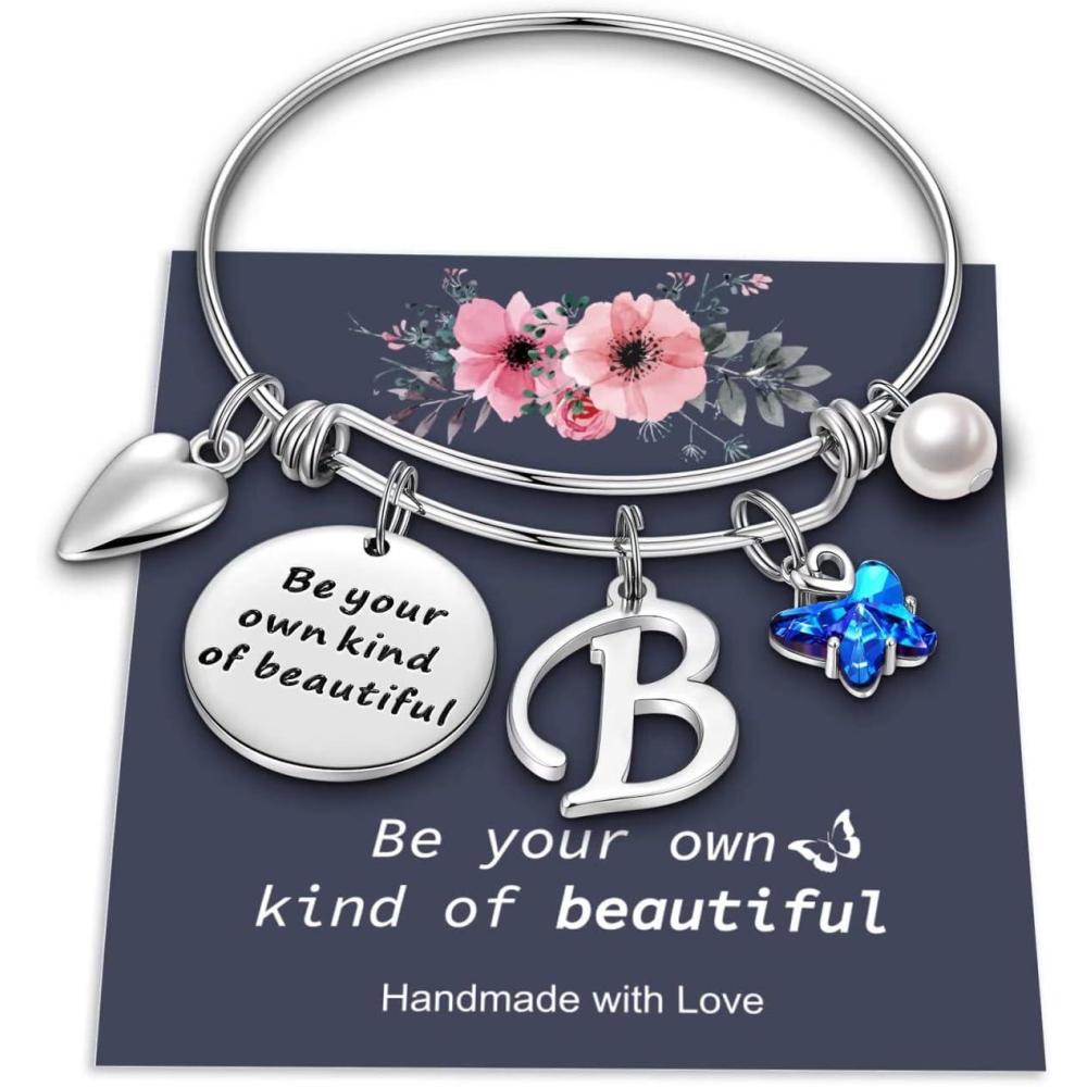 imageYoosteel Butterfly Initial Bracelets for Teen Girls Women Gifts Initial Charm Be Your Own Kind of Beautiful Inspirational Expandable Bangle Bracelets Gifts for Girls Women Jewelry GiftsBSilver