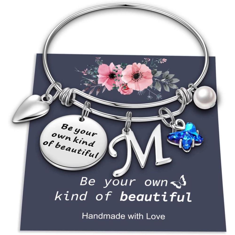 imageYoosteel Butterfly Initial Bracelets for Teen Girls Women Gifts Initial Charm Be Your Own Kind of Beautiful Inspirational Expandable Bangle Bracelets Gifts for Girls Women Jewelry GiftsMSilver