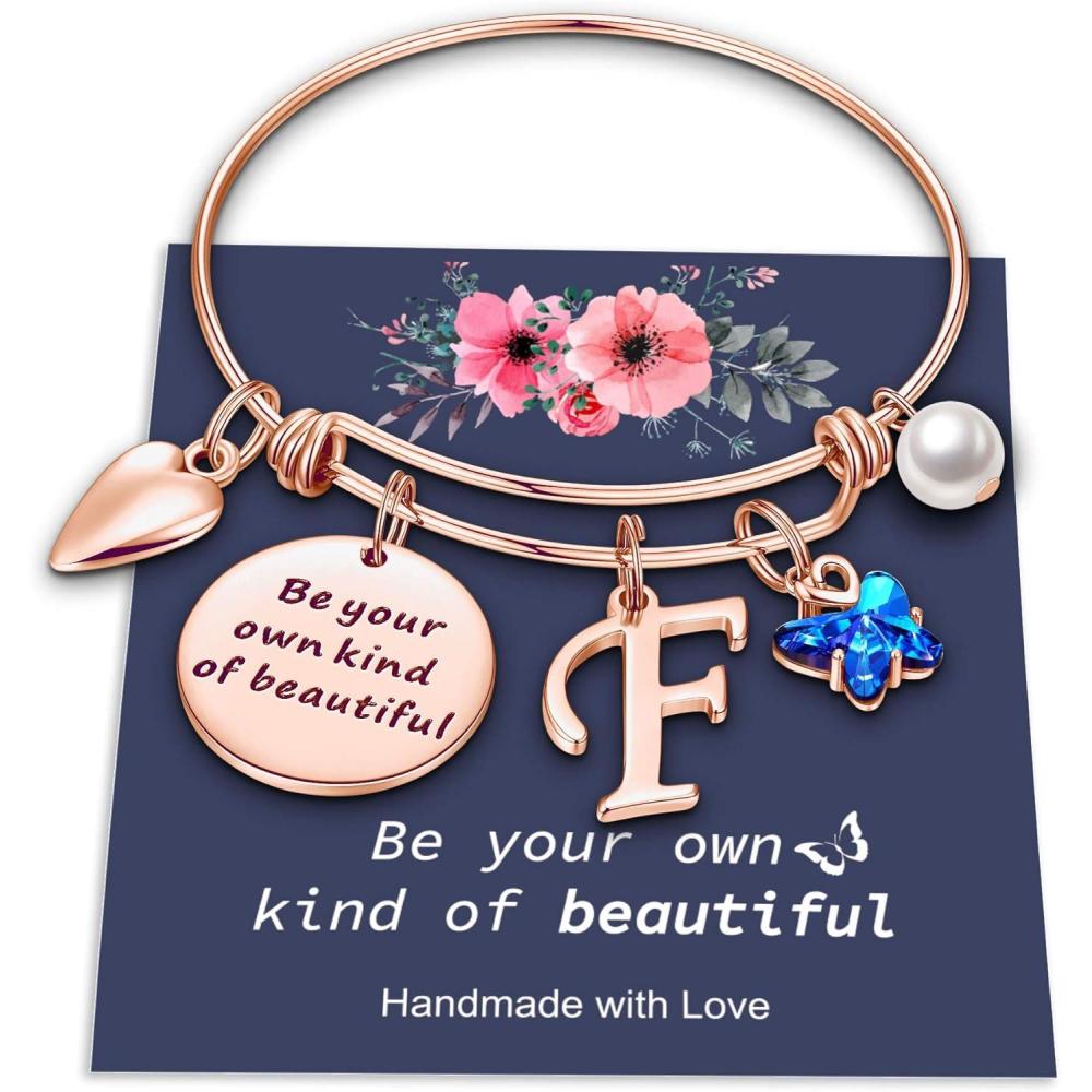 imageYoosteel Butterfly Initial Bracelets for Teen Girls Women Gifts  Initial Charm Be Your Own Kind of Beautiful Inspirational Expandable Bangle Bracelets Gifts for Girls Women Jewelry GiftsFRose Gold