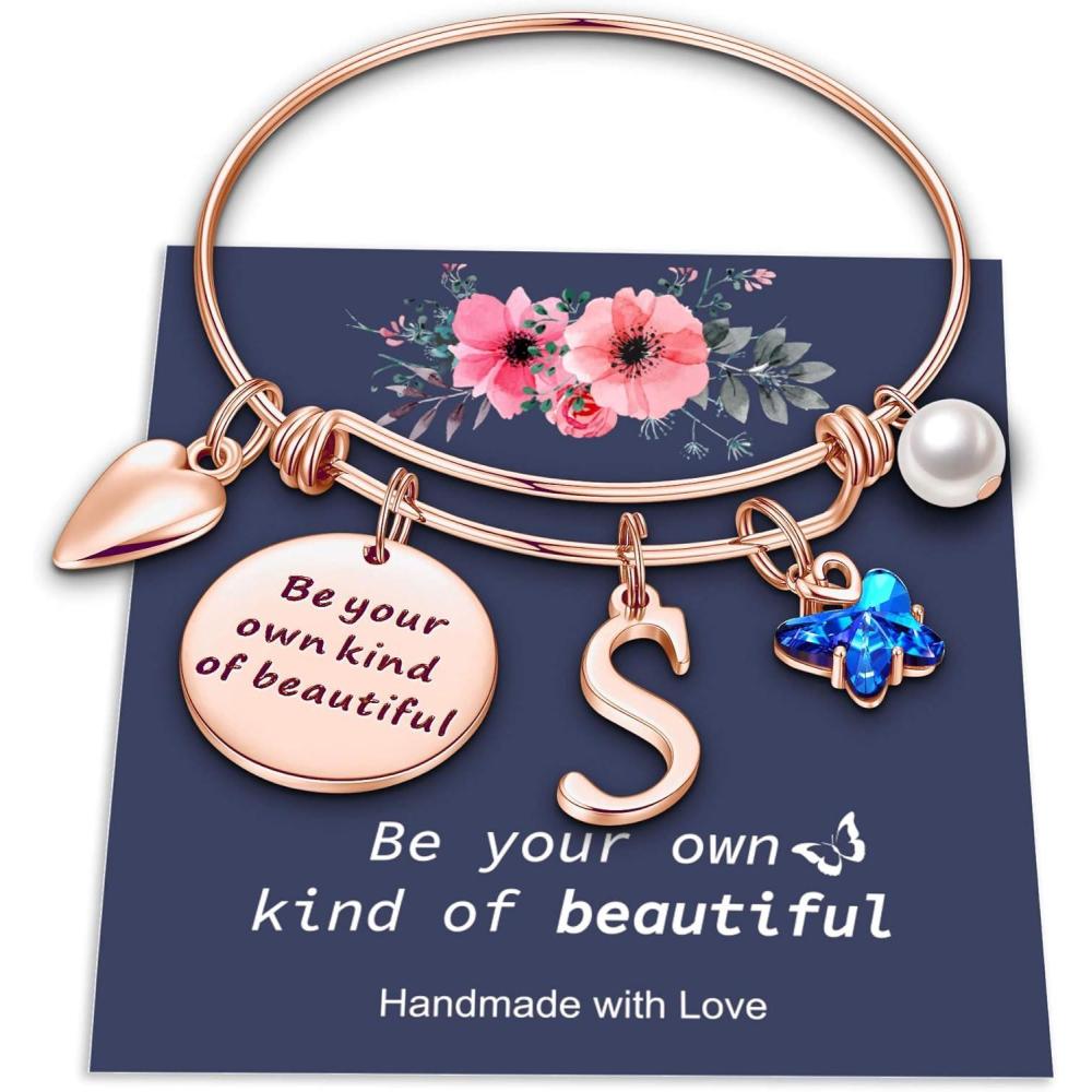 imageYoosteel Butterfly Initial Bracelets for Teen Girls Women Gifts Initial Charm Be Your Own Kind of Beautiful Inspirational Expandable Bangle Bracelets Gifts for Girls Women Jewelry GiftsSRose Gold