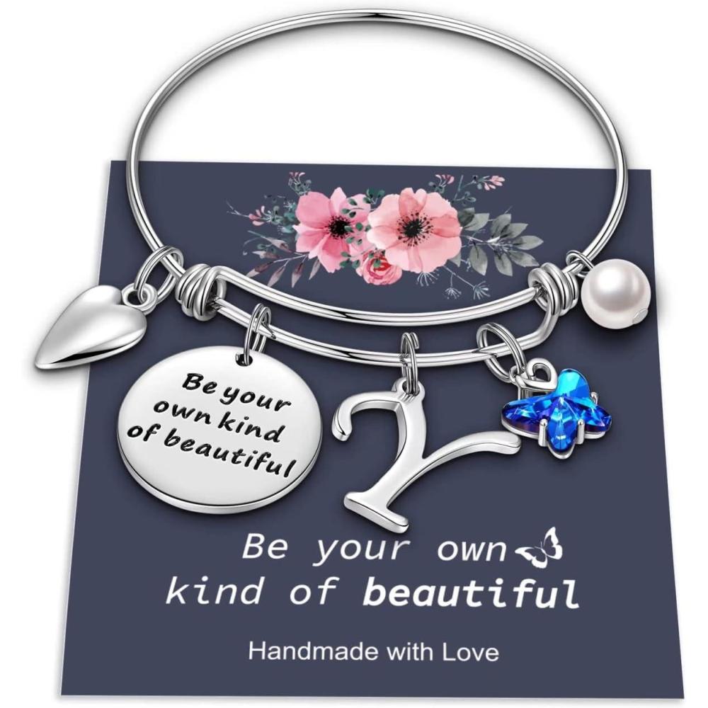 imageYoosteel Butterfly Initial Bracelets for Teen Girls Women Gifts Initial Charm Be Your Own Kind of Beautiful Inspirational Expandable Bangle Bracelets Gifts for Girls Women Jewelry GiftsYSilver