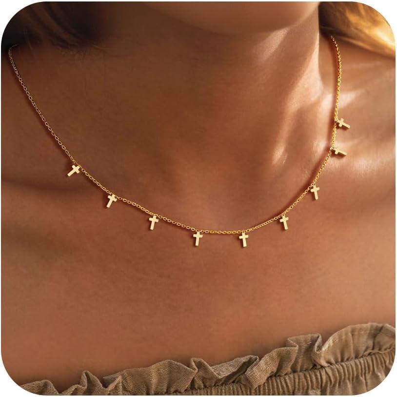imageYoosteel Cross Necklace for Women Girls Dainty 14KGoldPlated Cross Choker Pendant Necklaces Simple Tiny Cute Necklace Christian Baptism Religious Faith Jewelry Gift for Teen Girl WomenSmall Cross