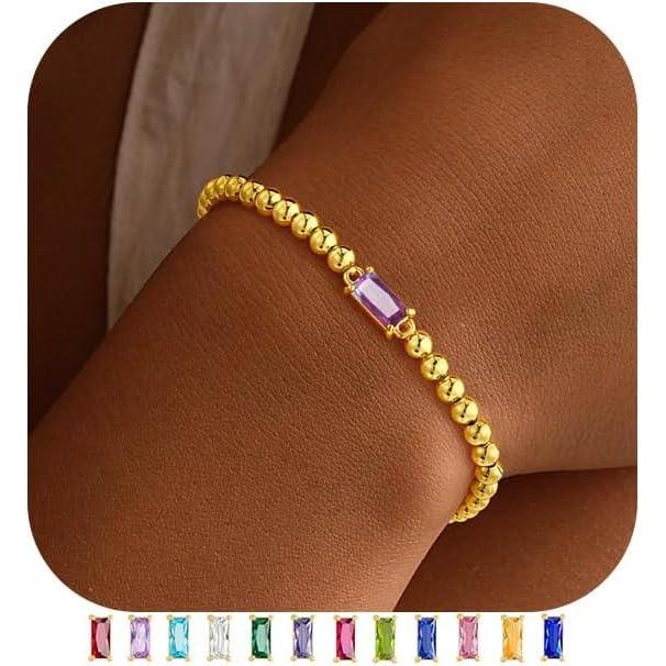 imageYoosteel Dainty Birthstone Bracelet for Women  Elastic 14KGoldPlated Bead Bracelets Trendy Friendship Birthday Jewelry Gifts for Women02FebruaryAmethyst