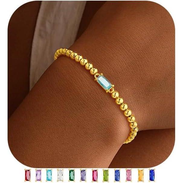 imageYoosteel Dainty Birthstone Bracelet for Women  Elastic 14KGoldPlated Bead Bracelets Trendy Friendship Birthday Jewelry Gifts for Women03MarchAquamarin