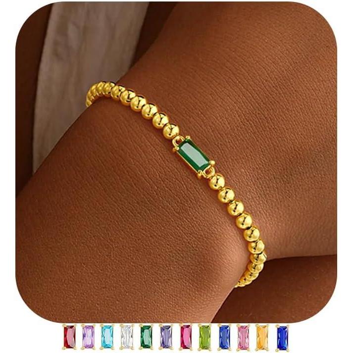 imageYoosteel Dainty Birthstone Bracelet for Women Elastic 14KGoldPlated Bead Bracelets Trendy Friendship Birthday Jewelry Gifts for Women05MayEmerald