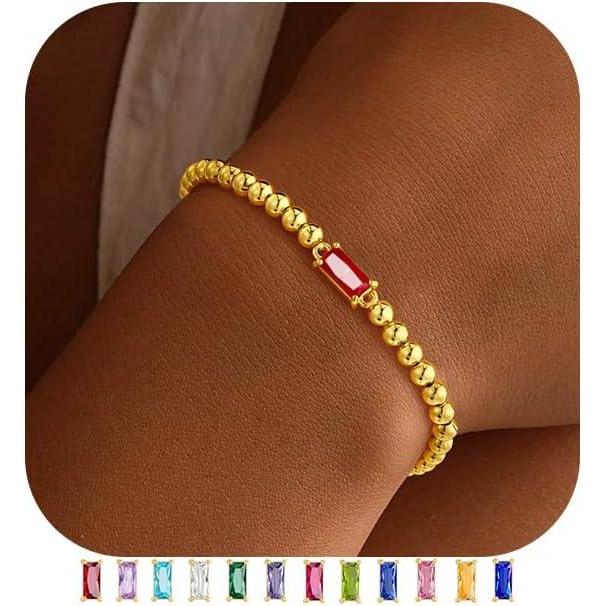 imageYoosteel Dainty Birthstone Bracelet for Women Elastic 14KGoldPlated Bead Bracelets Trendy Friendship Birthday Jewelry Gifts for Women07JulyRuby