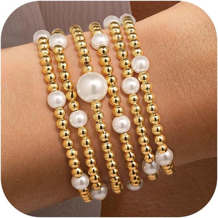 imageYoosteel Gold Beaded Bracelets Set for Women Teen Girl Gifts Non Tarnish 14K Gold Plated Dainty Round Bead Ball Pearl Cross Bracelet Stack for Women Teenage Girls Stackable Jewelry Christmas GiftsBead 4mm Pearl 610mm 6pcs