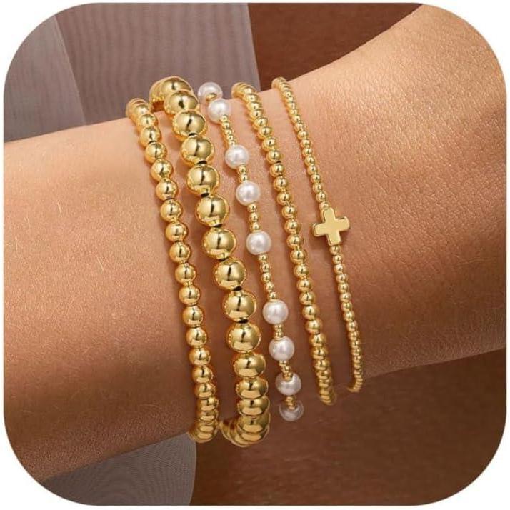 imageYoosteel Gold Beaded Bracelets Set for Women Teen Girl Gifts Non Tarnish 14K Gold Plated Dainty Round Bead Ball Pearl Cross Bracelet Stack for Women Teenage Girls Stackable Jewelry Christmas GiftsBead Pearl Cross 5pcs