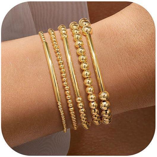imageYoosteel Gold Beaded Bracelets Set for Women Teen Girl Gifts Non Tarnish 14K Gold Plated Dainty Round Bead Ball Pearl Cross Bracelet Stack for Women Teenage Girls Stackable Jewelry Christmas GiftsBead 23456mm Strip 5pcs