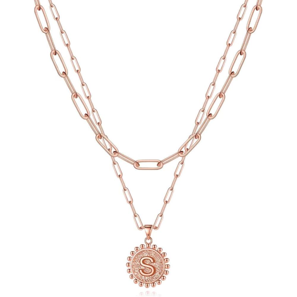 imageYoosteel Gold Layered Initial Necklaces for Women  14K Gold Plated Dainty Layering Paperclip Link Chain Necklace Coin Initial Layered Necklace Birthday Gifts for Women Teen GirlsRose Gold
