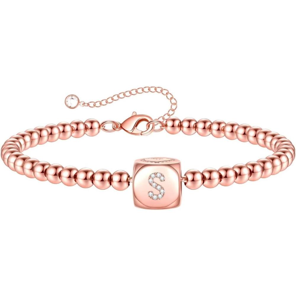 imageYoosteel Initial Beaded Bracelets for Women Trendy Letter Bead Bracelet Personalized Initial Bracelets for Women Bead Bracelet for Teen Girls Jewelry GiftsRoseGoldPlated