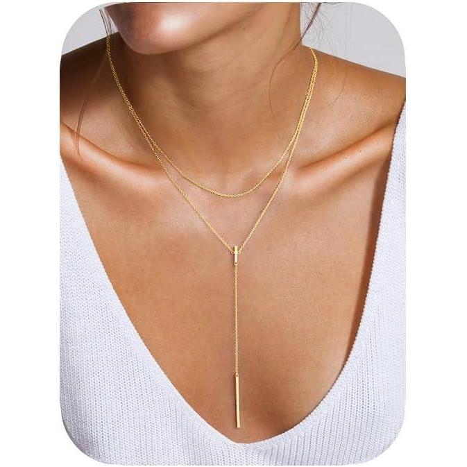imageYoosteel Long 14KGoldPlated Necklace for Women Dainty YShaped Necklaces Lariat Drop Chain Simple Jewelry Trendy Gifts for Women01Layered Long Bar YShaped Necklace