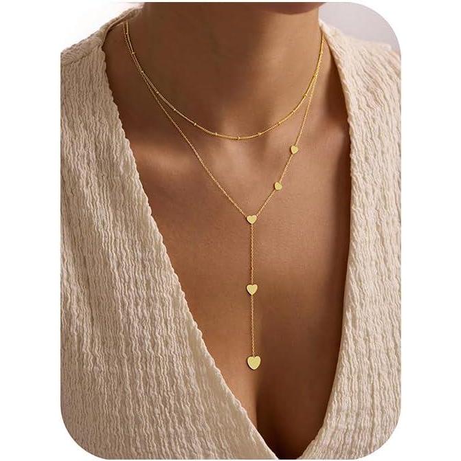 imageYoosteel Long 14KGoldPlated Necklace for Women Dainty YShaped Necklaces Lariat Drop Chain Simple Jewelry Trendy Gifts for WomenLayered Heart Bead YShaped Necklace