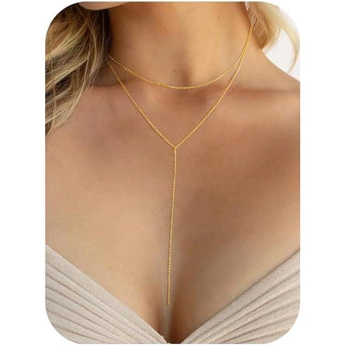 imageYoosteel Long 14KGoldPlated Necklace for Women Dainty YShaped Necklaces Lariat Drop Chain Simple Jewelry Trendy Gifts for WomenLayered Simple YShaped Necklace
