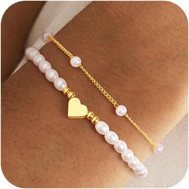 imageYoosteel Pearl Bracelets for Women Dainty 14KGoldPlated Pearls Beaded Link Chain Bracelet Jewelry Gift Stocking Stuffers for WomenHeart Pearl