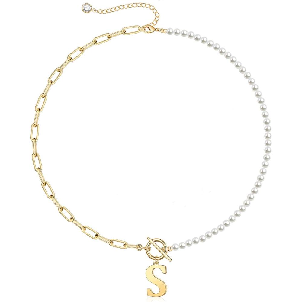 imageYoosteel Pearl Initial Necklace for Women Dainty Pearl Chain Choker Initial Necklaces for Women Toggle Clasp Paperclip Link Chain Necklace Jewelry GiftsBrass