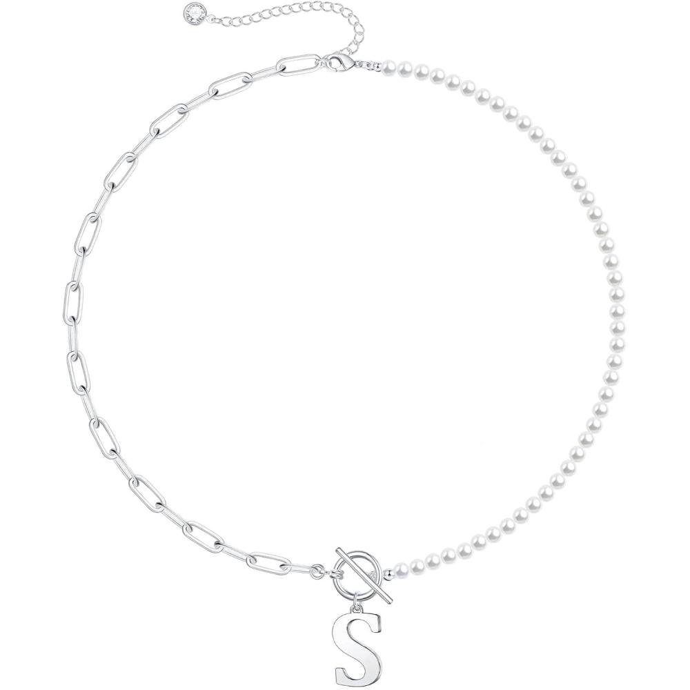imageYoosteel Pearl Initial Necklace for Women Dainty Pearl Chain Choker Initial Necklaces for Women Toggle Clasp Paperclip Link Chain Necklace Jewelry GiftsSilver