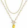 Gold Layered Necklaces for Women, 14K Gold Plated Vintage Evil Eye Queen Elizabeth Bee Sun and Moon Medallion Necklace Retro Choker Chain Link Necklace Gold Layered Necklaces for Women Jewelry(Citrine CZ)
