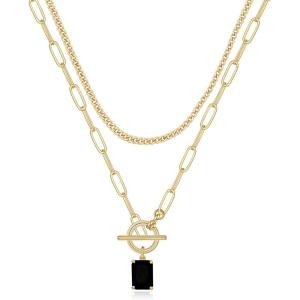 Gold Layered Necklaces for Women, 14K Gold Plated Vintage Evil Eye Queen Elizabeth Bee Sun and Moon Medallion Necklace Retro Choker Chain Link Necklace Gold Layered Necklaces for Women Jewelry(“Black Stone)