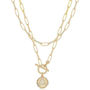 Gold Layered Necklaces for Women, 14K Gold Plated Vintage Evil Eye Queen Elizabeth Bee Sun and Moon Medallion Necklace Retro Choker Chain Link Necklace Gold Layered Necklaces for Women Jewelry(Triangle Evil Eye)