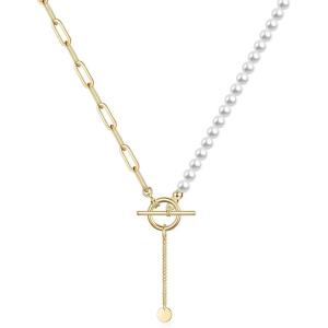 Gold Layered Necklaces for Women, 14K Gold Plated Vintage Evil Eye Queen Elizabeth Bee Sun and Moon Medallion Necklace Retro Choker Chain Link Necklace Gold Layered Necklaces for Women Jewelry(Half Pearl Half Chain)