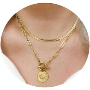 Gold Layered Necklaces for Women, 14K Gold Plated Vintage Evil Eye Queen Elizabeth Bee Sun and Moon Medallion Necklace Retro Choker Chain Link Necklace Gold Layered Necklaces for Women Jewelry(Disc Evil Eye)