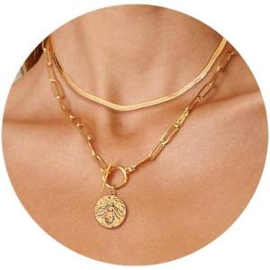 Gold Layered Necklaces for Women, 14K Gold Plated Vintage Evil Eye Queen Elizabeth Bee Sun and Moon Medallion Necklace Retro Choker Chain Link Necklace Gold Layered Necklaces for Women Jewelry(Bee)