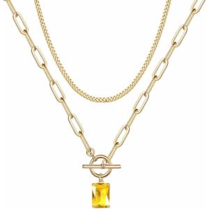 Gold Layered Necklaces for Women, 14K Gold Plated Vintage Evil Eye Queen Elizabeth Bee Sun and Moon Medallion Necklace Retro Choker Chain Link Necklace Gold Layered Necklaces for Women Jewelry(Citrine CZ)