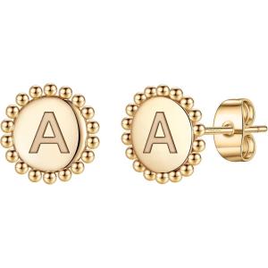 Initial Earrings for Girls Kids, S925 Sterling Silver Post Gold Plated Cute Letter A Earrings Hypoallergenic Disc Stud Earrings for Girls Kids Earrings Toddler Earrings for Girls Jewelry
