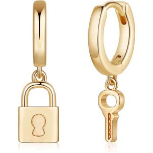 Key Lock Earrings for Women, S925 Sterling Silver Post Small Asymmetric Key Dangle Earrings Hypoallergenic Huggie Padlock Earrings for Women Jewelry Gifts