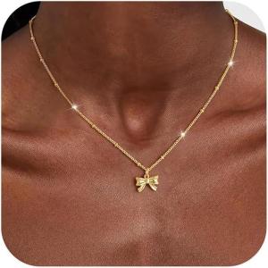 Yoosteel 14K-Gold-Plated Necklace for Girls Women – Dainty Bow Necklaces Cute Choker Small Tiny Bow Pendant Chain Necklace Trendy Jewelry Gift for Teen Girl Women(Wide Bow)