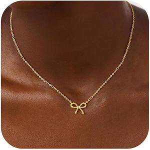 Yoosteel 14K-Gold-Plated Necklace for Girls Women – Dainty Bow Necklaces Cute Choker Small Tiny Bow Pendant Chain Necklace Trendy Jewelry Gift for Teen Girl Women(Dot Bow)