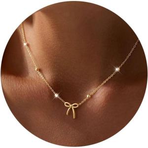 Yoosteel 14K-Gold-Plated Necklace for Girls Women – Dainty Bow Necklaces Cute Choker Small Tiny Bow Pendant Chain Necklace Trendy Jewelry Gift for Teen Girl Women(Beaded Chain Bow)