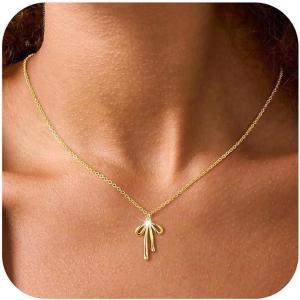 Yoosteel 14K-Gold-Plated Necklace for Girls Women – Dainty Bow Necklaces Cute Choker Small Tiny Bow Pendant Chain Necklace Trendy Jewelry Gift for Teen Girl Women(CZ Bow)