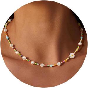 Yoosteel Beaded Necklace for Girls Women – Colorful Bead Choker Necklaces 14K-Gold-Plated Cute Boho Pearls Beaded Necklace Trendy Jewelry Gifts for Teen Girl Women(Flower Pearl Colorful Bead)