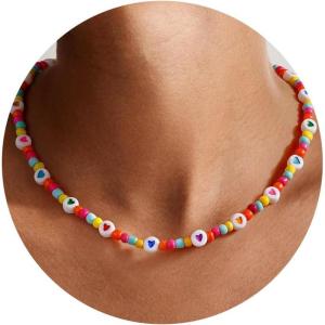 Yoosteel Beaded Necklace for Girls Women – Colorful Bead Choker Necklaces 14K-Gold-Plated Cute Boho Pearls Beaded Necklace Trendy Jewelry Gifts for Teen Girl Women(Heart Colorful Bead)
