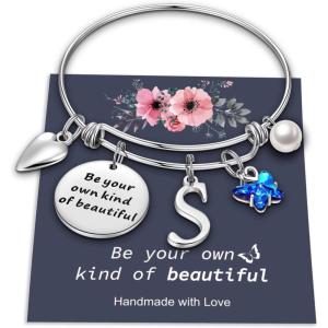 Yoosteel Butterfly Initial Bracelets for Teen Girls Women Gifts – Initial Charm Be Your Own Kind of Beautiful Inspirational Expandable Bangle Bracelets Gifts for Girls Women Jewelry Gifts(S-Silver)