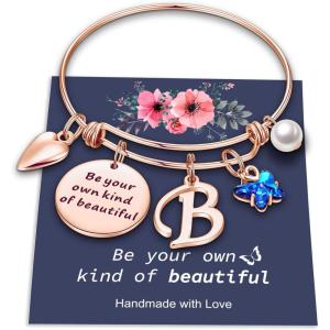 Yoosteel Butterfly Initial Bracelets for Teen Girls Women Gifts – Initial Charm Be Your Own Kind of Beautiful Inspirational Expandable Bangle Bracelets Gifts for Girls Women Jewelry Gifts(B-Rose Gold)