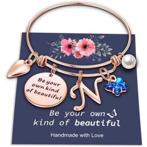 Yoosteel Butterfly Initial Bracelets for Teen Girls Women Gifts – Initial Charm Be Your Own Kind of Beautiful Inspirational Expandable Bangle Bracelets Gifts for Girls Women Jewelry Gifts(N-Rose Gold)