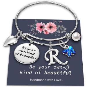 Yoosteel Butterfly Initial Bracelets for Teen Girls Women Gifts – Initial Charm Be Your Own Kind of Beautiful Inspirational Expandable Bangle Bracelets Gifts for Girls Women Jewelry Gifts(R-Silver)