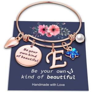 Yoosteel Butterfly Initial Bracelets for Teen Girls Women Gifts – Initial Charm Be Your Own Kind of Beautiful Inspirational Expandable Bangle Bracelets Gifts for Girls Women Jewelry Gifts(E-Rose Gold)