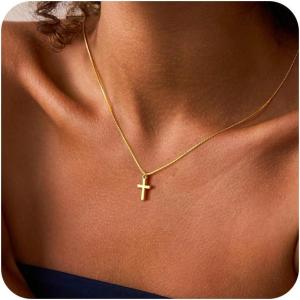 Yoosteel Cross Necklace for Women Girls – Dainty 14K-Gold-Plated Cross Choker Pendant Necklaces Simple Tiny Cute Necklace Christian Baptism Religious Faith Jewelry Gift for Teen Girl Women(01-Box Chain Cross)