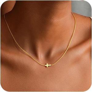 Yoosteel Cross Necklace for Women Girls – Dainty 14K-Gold-Plated Cross Choker Pendant Necklaces Simple Tiny Cute Necklace Christian Baptism Religious Faith Jewelry Gift for Teen Girl Women(03-Sideway Cross)